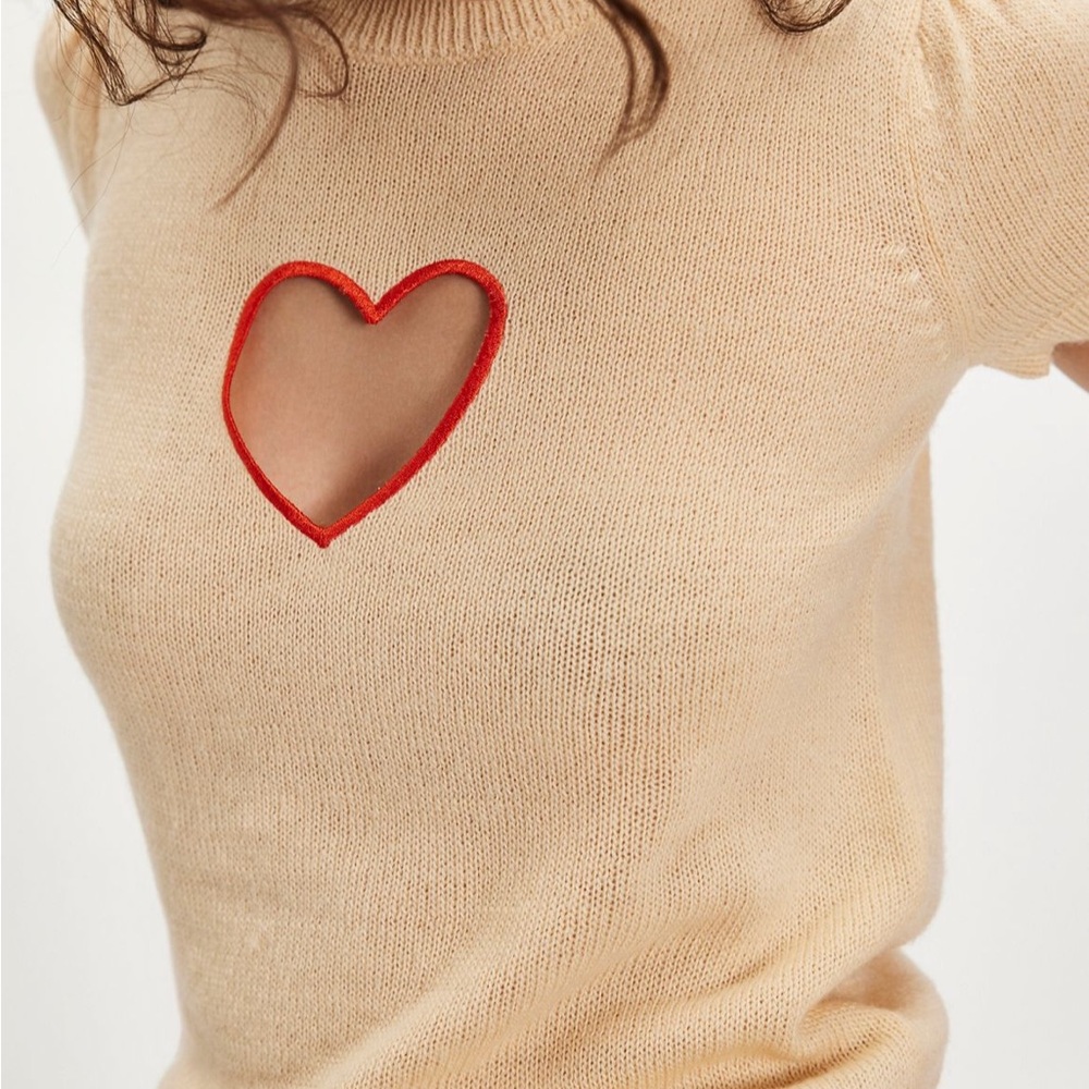 Free People Beige Sweater with Red Heart Cutout